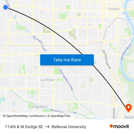 114th & W Dodge SE to Bellevue University map