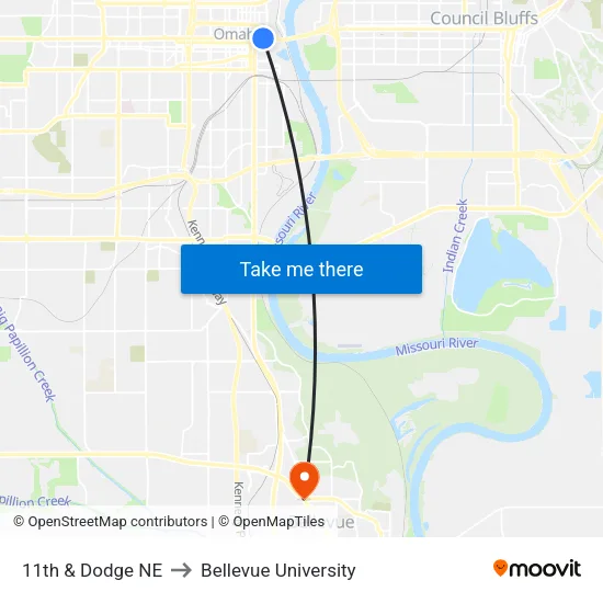 11th & Dodge NE to Bellevue University map