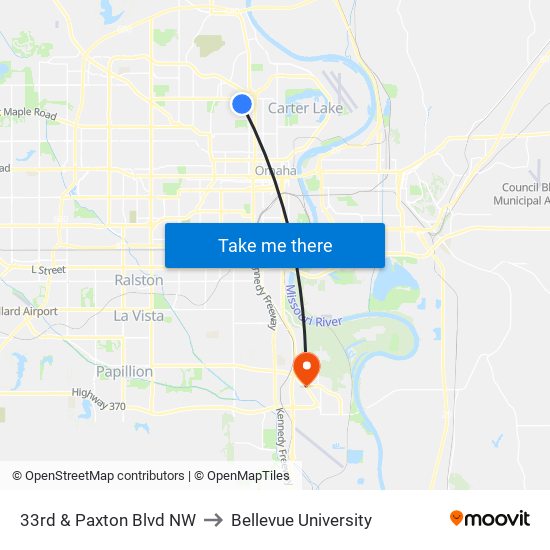 33rd & Paxton Blvd NW to Bellevue University map