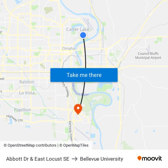 Abbott Dr & East Locust SE to Bellevue University map