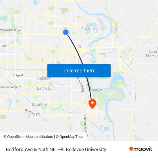Bedford Ave & 45th NE to Bellevue University map