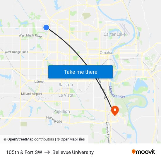105th & Fort SW to Bellevue University map
