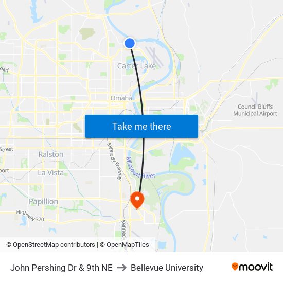 John Pershing Dr & 9th NE to Bellevue University map