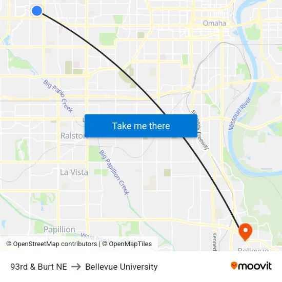 93rd & Burt NE to Bellevue University map