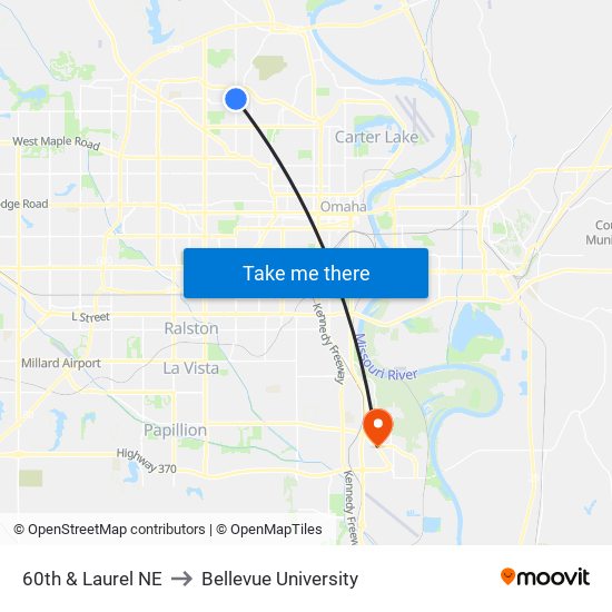 60th & Laurel NE to Bellevue University map