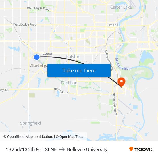 132nd/135th & Q St NE to Bellevue University map