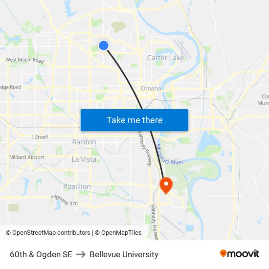 60th & Ogden SE to Bellevue University map