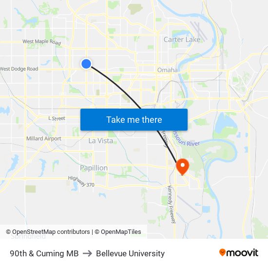 90th & Cuming MB to Bellevue University map