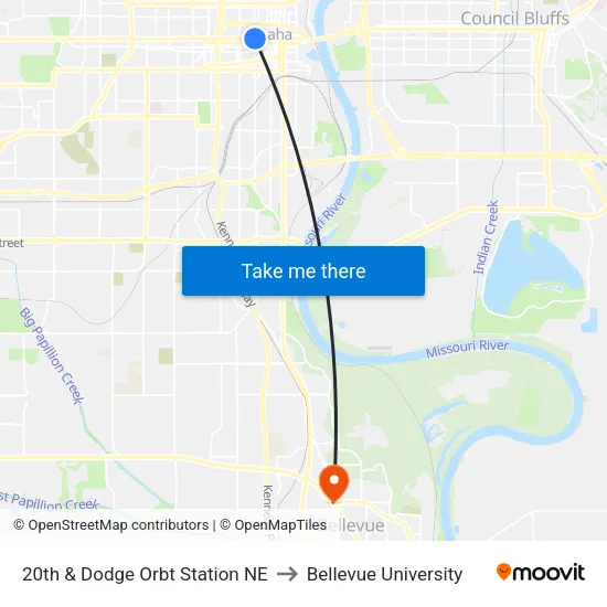 20th & Dodge Orbt Station NE to Bellevue University map