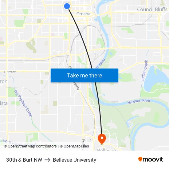 30th & Burt NW to Bellevue University map