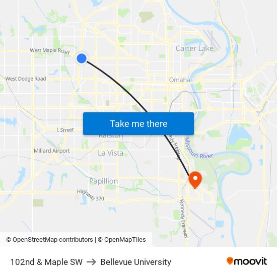 102nd & Maple SW to Bellevue University map