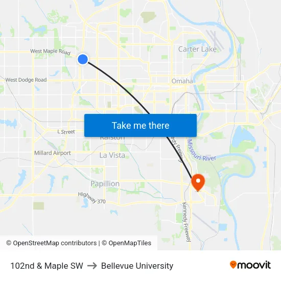 102nd & Maple SW to Bellevue University map