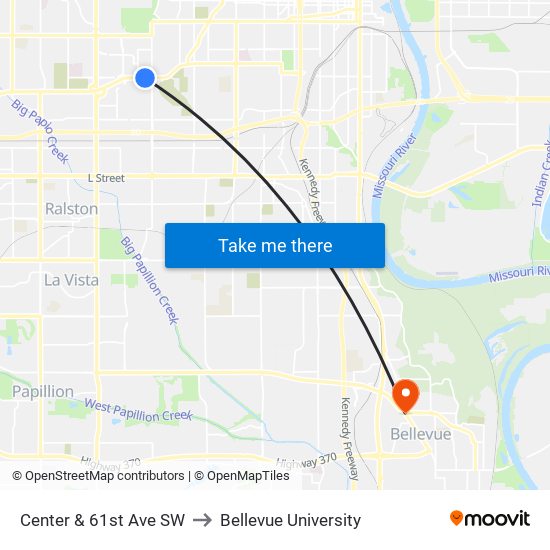 Center & 61st Ave SW to Bellevue University map