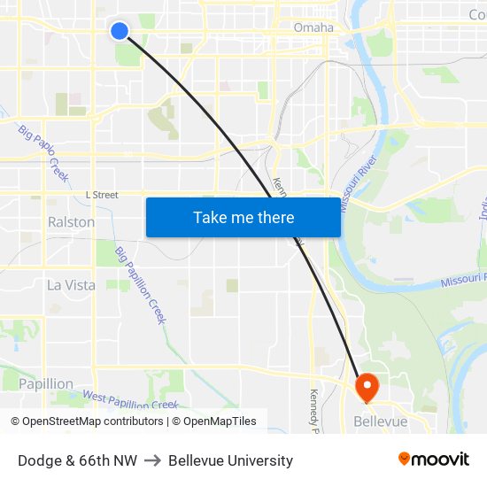 Dodge & 66th NW to Bellevue University map