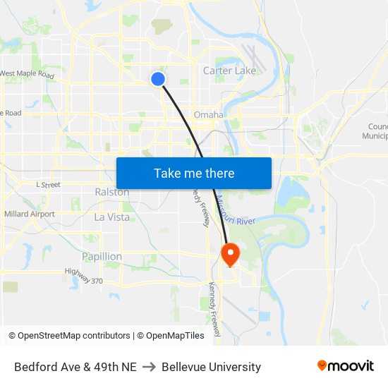 Bedford Ave & 49th NE to Bellevue University map