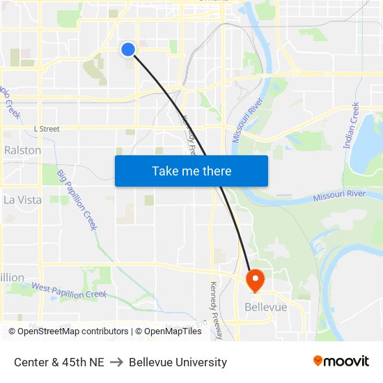 Center & 45th NE to Bellevue University map