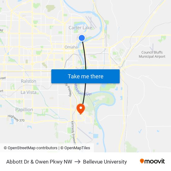 Abbott Dr & Owen Pkwy NW to Bellevue University map