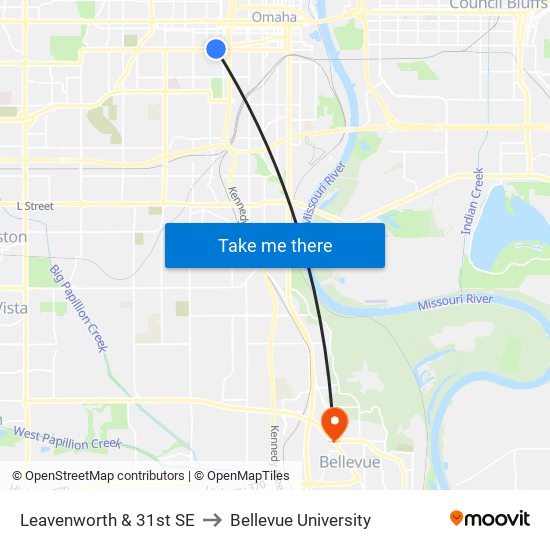 Leavenworth & 31st SE to Bellevue University map