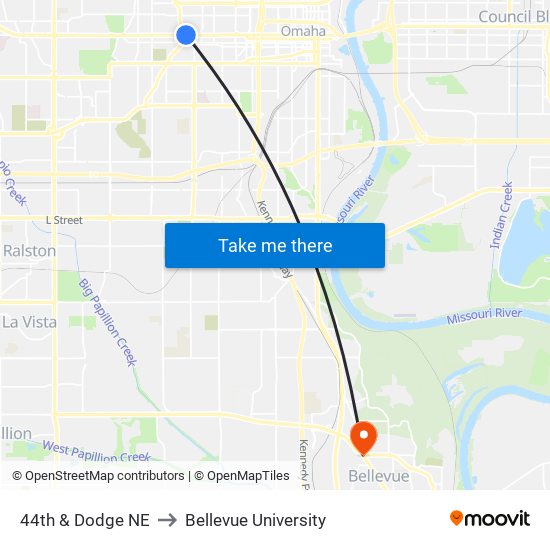 44th & Dodge NE to Bellevue University map
