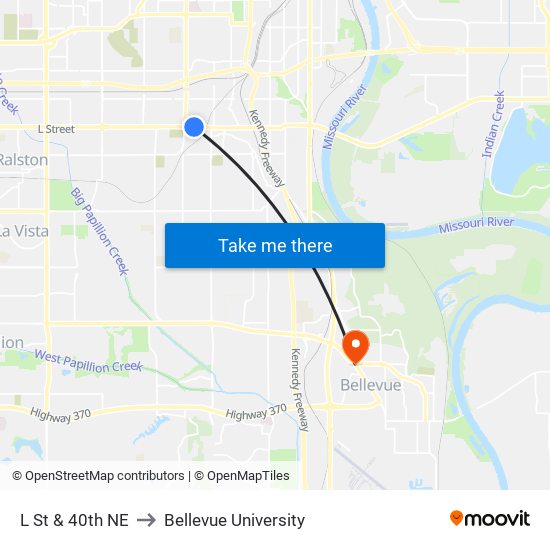 L St & 40th NE to Bellevue University map
