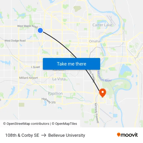 108th & Corby SE to Bellevue University map