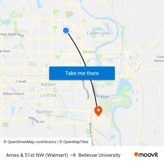 Ames & 51st NW (Walmart) to Bellevue University map