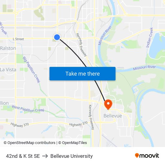 42nd & K St SE to Bellevue University map