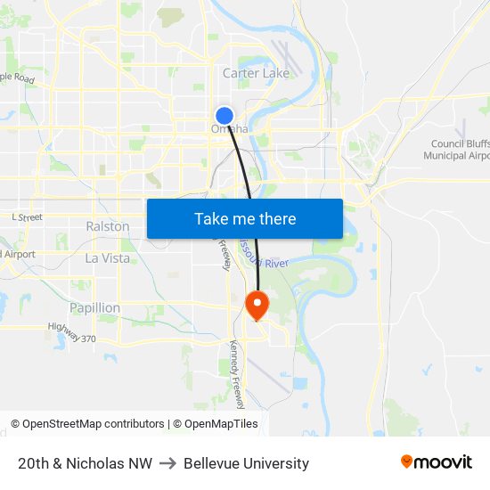 20th & Nicholas NW to Bellevue University map