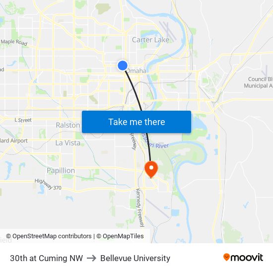 30th at Cuming NW to Bellevue University map