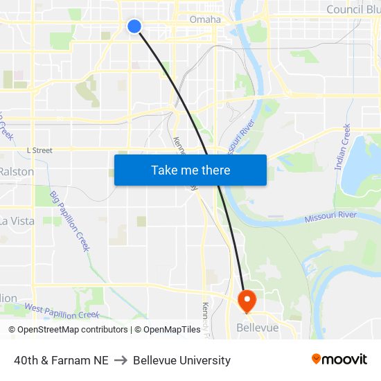 40th & Farnam NE to Bellevue University map