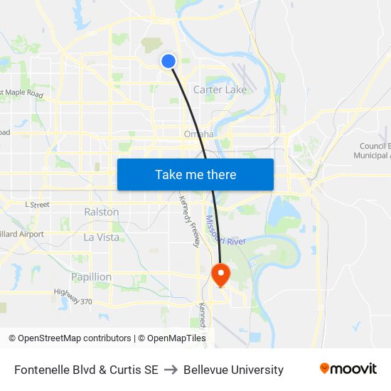 Fontenelle Blvd & Curtis SE to Bellevue University map