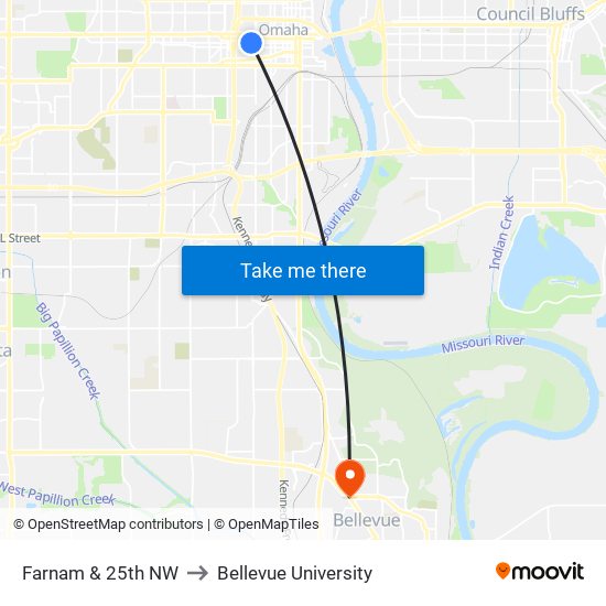 Farnam & 25th NW to Bellevue University map