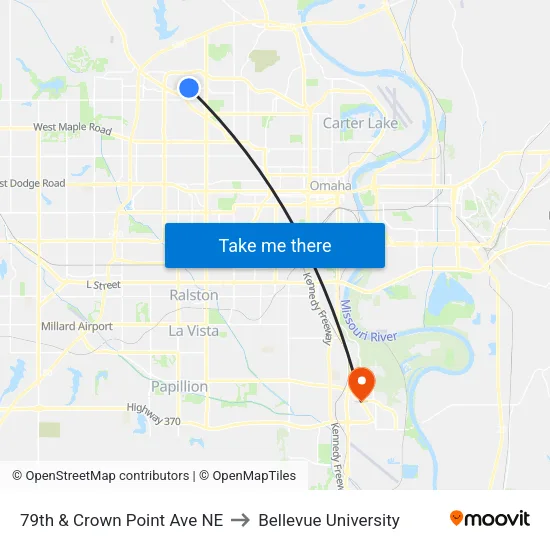 79th & Crown Point Ave NE to Bellevue University map