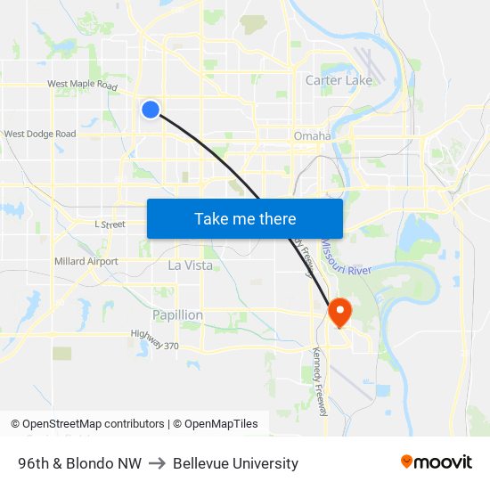 96th & Blondo NW to Bellevue University map