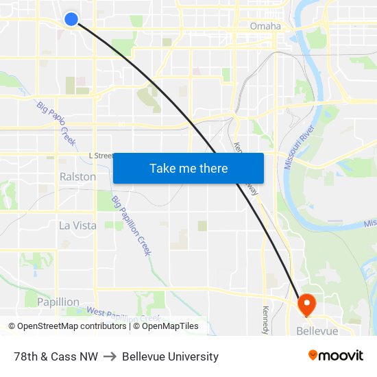 78th & Cass NW to Bellevue University map