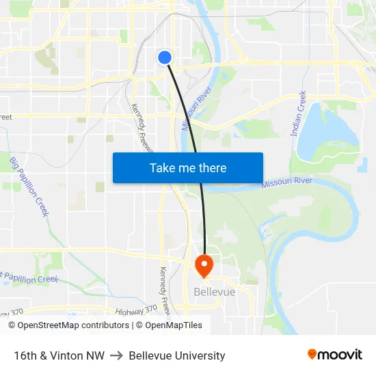 16th & Vinton NW to Bellevue University map
