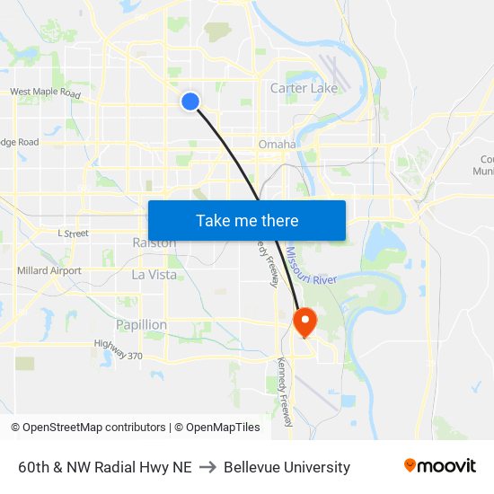 60th & NW Radial Hwy NE to Bellevue University map