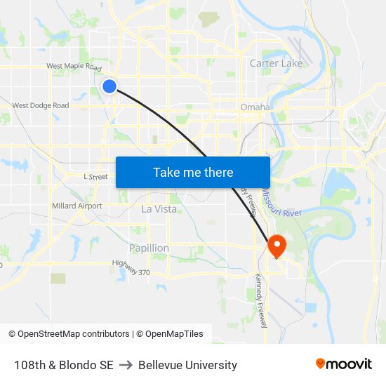 108th & Blondo SE to Bellevue University map