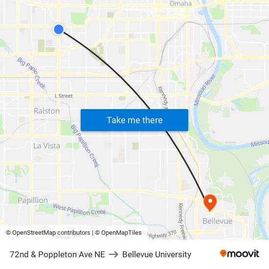 72nd & Poppleton Ave NE to Bellevue University map