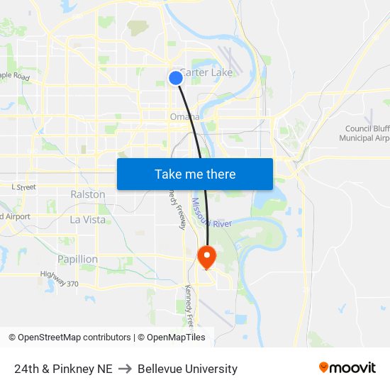 24th & Pinkney NE to Bellevue University map
