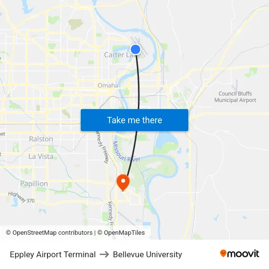 Eppley Airport Terminal to Bellevue University map