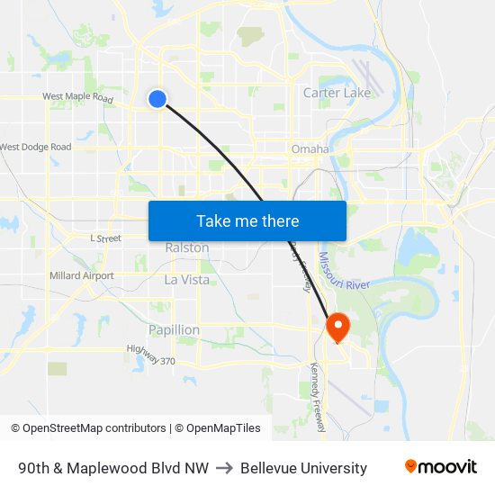 90th & Maplewood Blvd NW to Bellevue University map