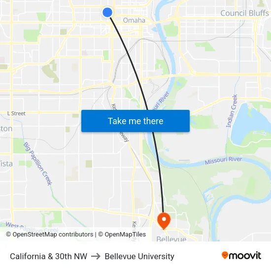 California & 30th NW to Bellevue University map