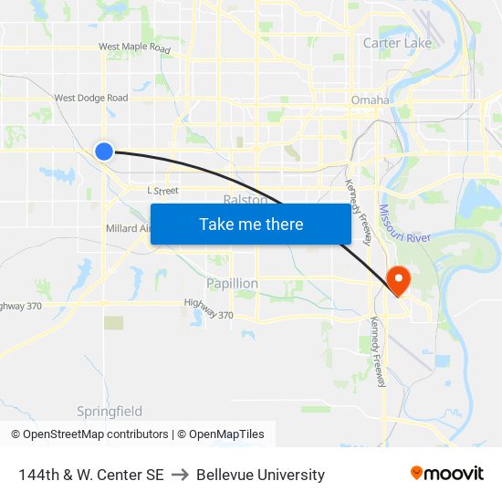 144th & W. Center SE to Bellevue University map