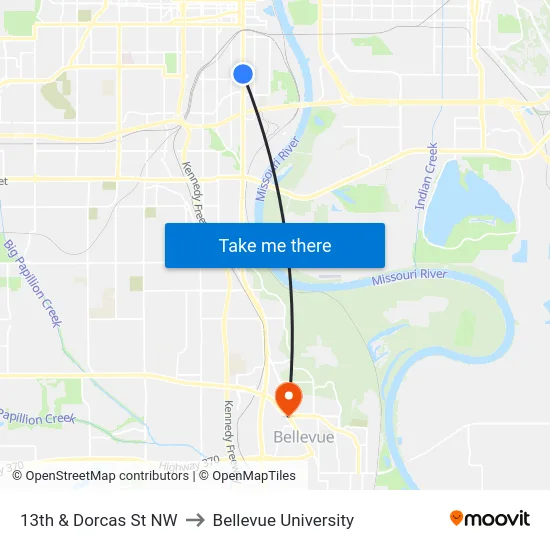 13th & Dorcas St NW to Bellevue University map