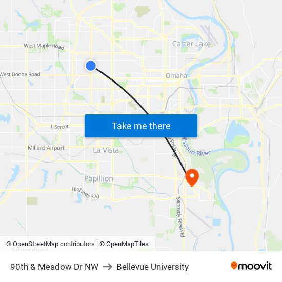 90th & Meadow Dr NW to Bellevue University map