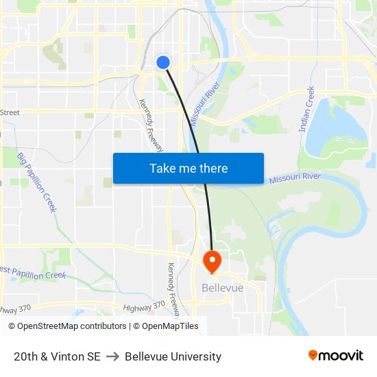 20th & Vinton SE to Bellevue University map