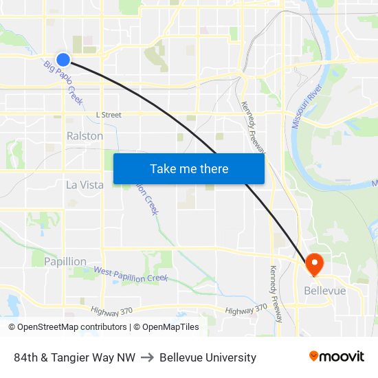 84th & Tangier Way NW to Bellevue University map