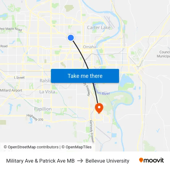 Military Ave & Patrick Ave MB to Bellevue University map