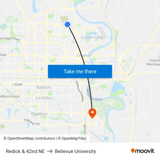 Redick & 42nd NE to Bellevue University map